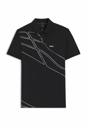 Camisa polo negra hecha de una tela suave que presenta patrones abstractos en blanco. Tiene cuello y una tapeta de tres botones, con el logo "BOSS".