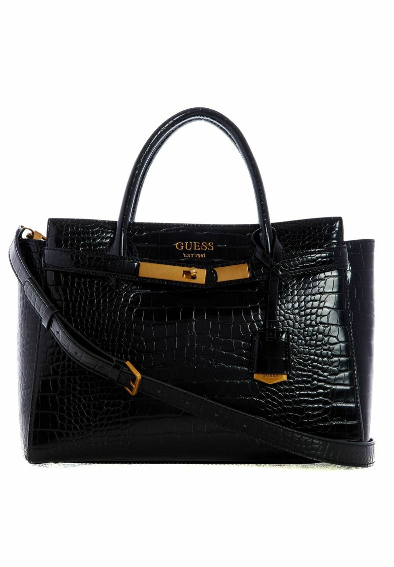 Zwarte neplederen handtas met een krokodillenstructuur, goudkleurige hardware, handvatten aan de bovenkant en een afneembare schouderriem. Voorzien van een hangslot bedel.