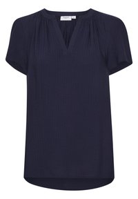 Blusa blu navy a maniche corte realizzata in tessuto testurizzato, con scollatura a V, spalle arricciate e orlo leggermente curvato. Taglia M.