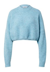 Himmelblaues, kurzes Sweatshirt mit strukturiertem Strickmuster, rundem Ausschnitt und langen Ärmeln. Hergestellt aus einem weichen, leichten Material.