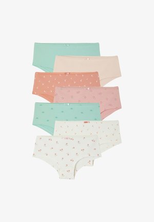 Set of eight cotton hipster briefs in pastel colors, featuring floral and sun patterns, lace trim, and varying prints on each pair.