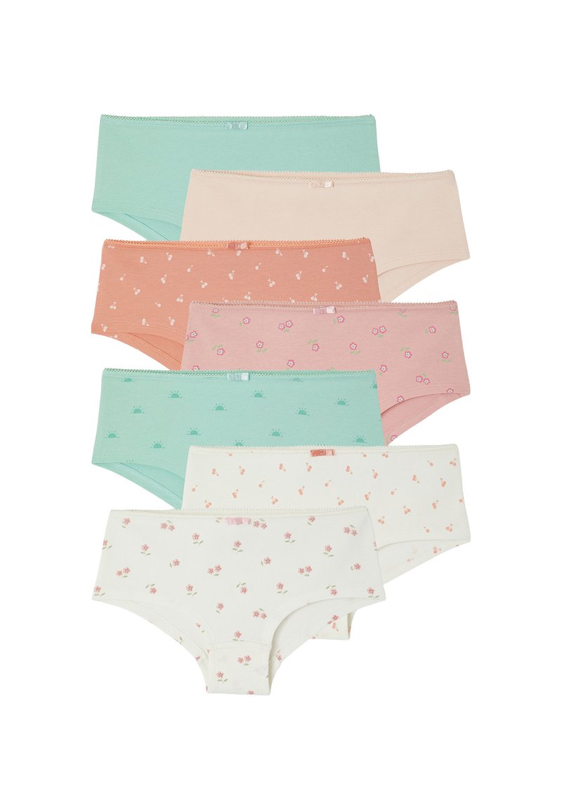 Set aus acht Baumwoll-Hipster-Unterhosen in Pastellfarben, mit Blumen- und Sonnenmustern, Spitze und unterschiedlichen Drucken auf jedem Paar.