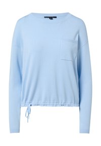 Hellesblaues Pullover-Sweatshirt aus weichem Material, mit rundem Ausschnitt, langen Ärmeln, einer Fronttasche und einem gerafften Kordelzugsaum.