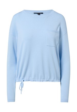 Hellesblaues Pullover-Sweatshirt aus weichem Material, mit rundem Ausschnitt, langen Ärmeln, einer Fronttasche und einem gerafften Kordelzugsaum.