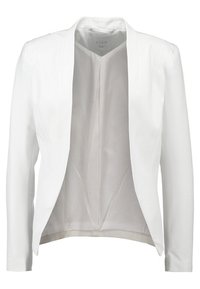 Blazer blanc sur mesure à ouverture frontale, manches longues et plis subtils aux épaules, avec une doublure intérieure lisse et légère.
