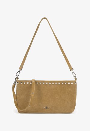 Tan suede shoulder bag with silver studs along top edge, adjustable strap with metal clasps, and small "B" logo centered at bottom.