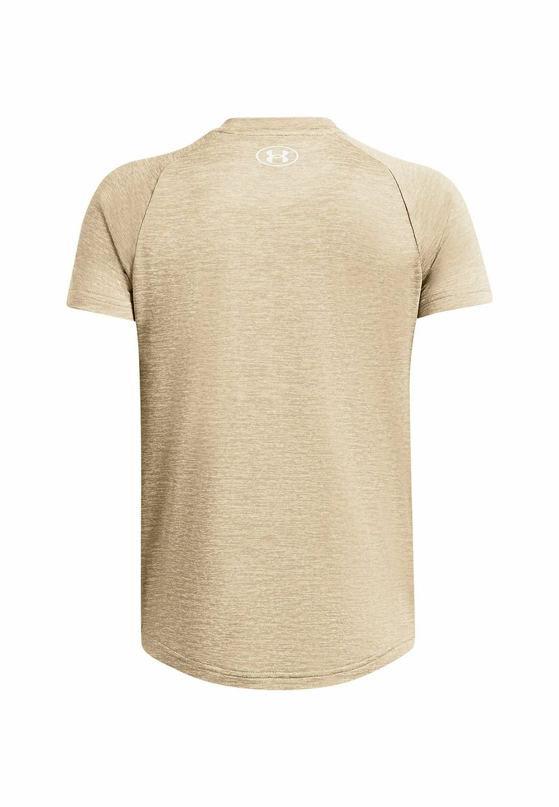 Camiseta de manga corta beige con textura jaspeada, dobladillo redondeado y pequeño logo en la parte posterior del cuello. Fabricada con material que absorbe la humedad.