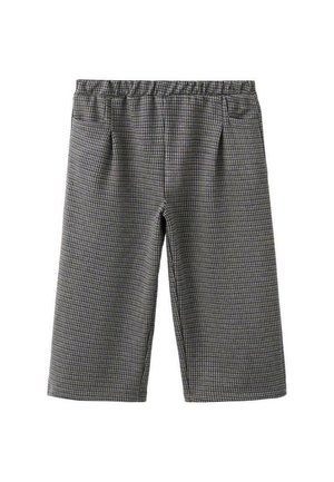 Gray houndstooth-patterned shorts with an elastic waistband, featuring two front pockets and a knee-length cut. Texture appears smooth.
