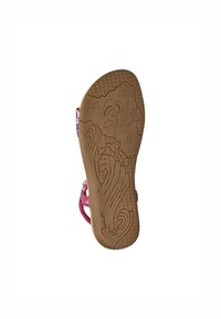 Sandalen zool, rubber materiaal, lichtbruine kleur. Kenmerkt zich door textuurpatronen en bloemontwerpen. Zijkanten van roze stof.
