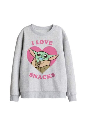 Hellgrauer Sweatshirt mit Cartoon einer kleinen grünen Figur, die einen Snack in einem pinken Herz hält und pinkem Text "ICH LIEBE SNACKS."