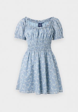 Světlomodré krátké květinové šaty s pružným pasem, čtvercovým výstřihem a vzorem malých bílých květin, označené GAP.