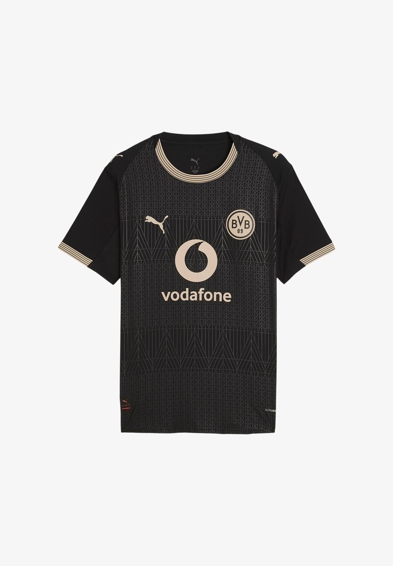 Schwarzes Fußballtrikot mit beigem Vodafone-Logo, Puma-Logo, BVB 09-Emblem, geometrischen Mustern und beiger Einfassung an Ärmeln und Kragen.