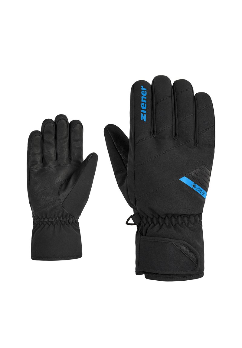 Black winter gloves made from leather and fabric, featuring a quilted design, elastic cuffs, and a blue logo. Suitable for cold weather.
