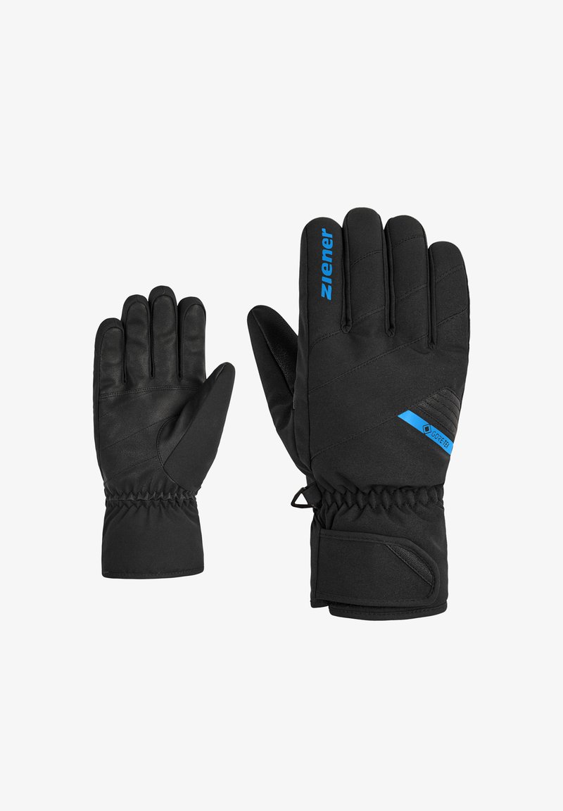 Black winter gloves made from leather and fabric, featuring a quilted design, elastic cuffs, and a blue logo. Suitable for cold weather.