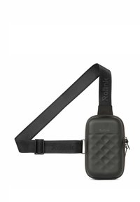 Bolso cruzado negro acolchado con un exterior texturizado, cierre de cremallera y correa ajustable con el logo "Rollink".