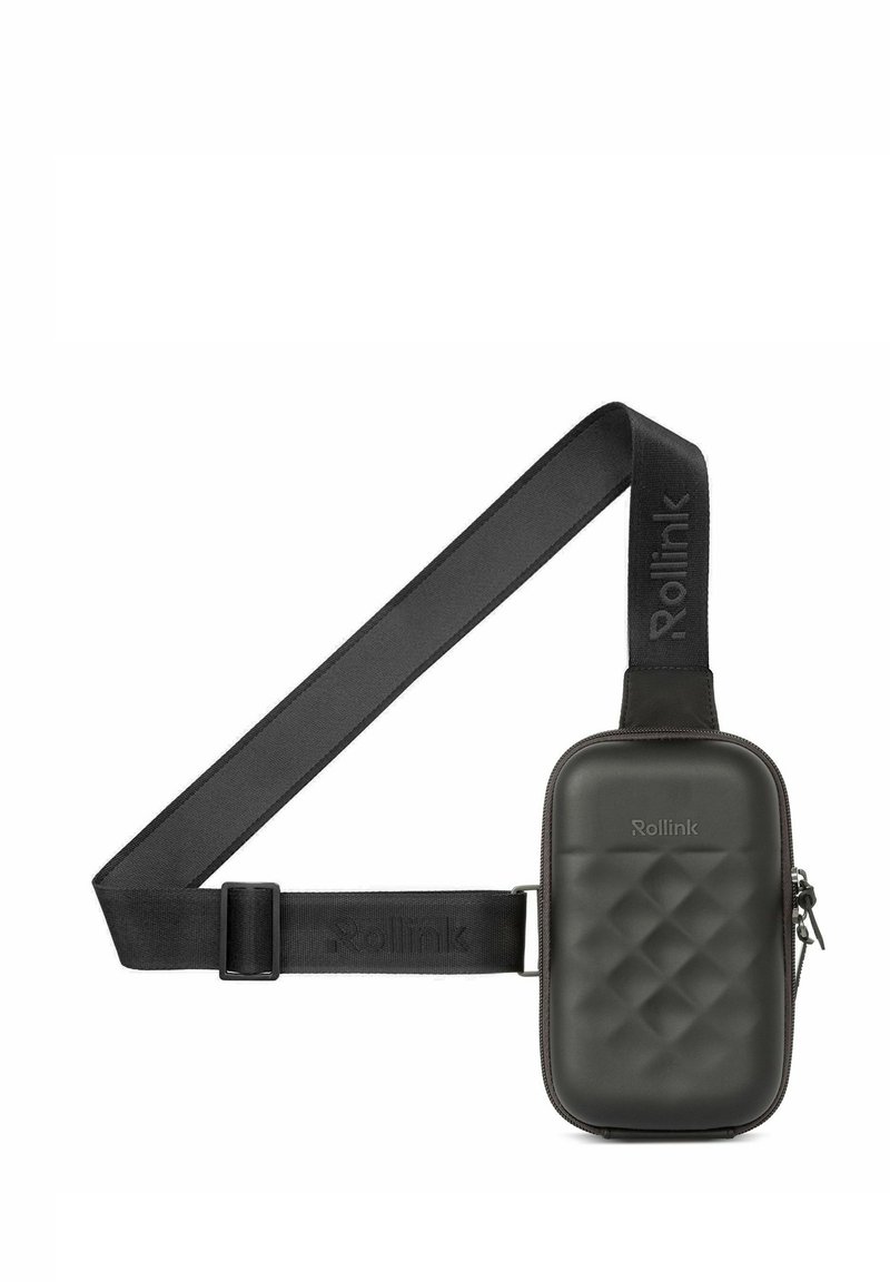 Bolso cruzado negro acolchado con un exterior texturizado, cierre de cremallera y correa ajustable con el logo "Rollink".