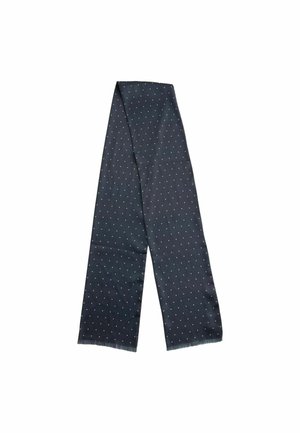 Marineblaue Schal aus weichem Stoff, mit weißen Punkten, francomierten Kanten und langer, rechteckiger Form.