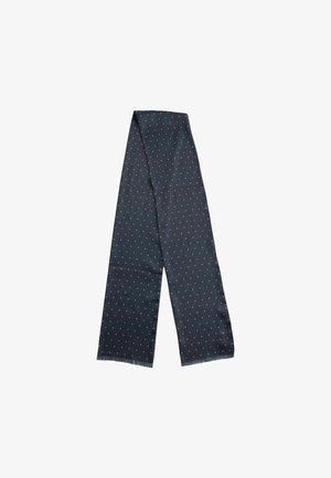 Marineblaue Schal aus weichem Stoff, mit weißen Punkten, francomierten Kanten und langer, rechteckiger Form.