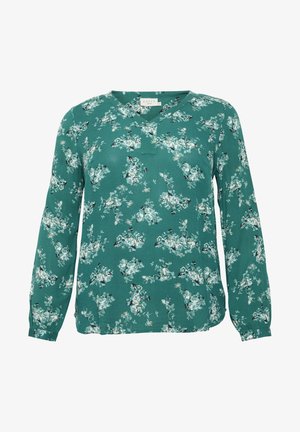 Długa bluzka z długim rękawem w odcieniu teal, zdobiona kwiatowym wzorem w odcieniach kremu i zieleni, z dekoltem w kształcie litery V oraz delikatnymi plisami.