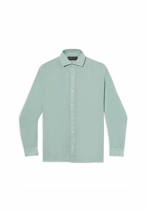 Lichtgroen overhemd met lange mouwen, knopen, kraag, manchetten en zichtbaar merklabel aan de binnenkant van de kraag.