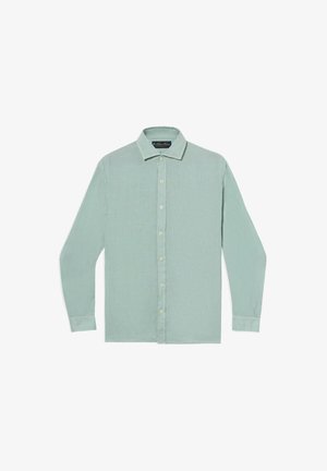Hellgrünes, langärmeliges Hemd mit Knopfleiste, Kragen, Manschetten und sichtbarem Markenetikett innen am Kragen.
