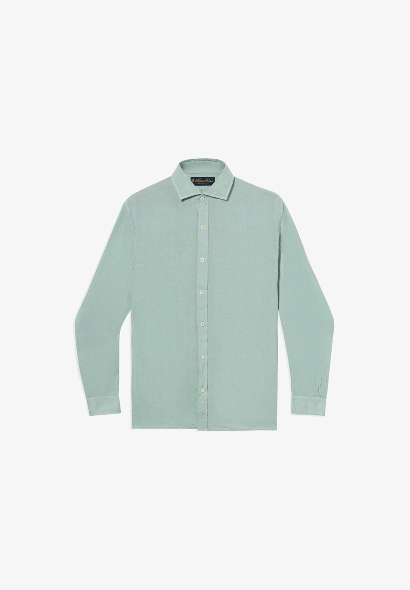 Chemise vert clair à manches longues, à boutons, avec col, poignets et étiquette de marque visible à l'intérieur du col.