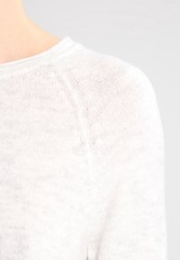 Maglione lavorato a maglia grigio chiaro, con texture, caratterizzato da un colletto a girocollo e maniche raglan. Materiale morbido e peloso con una leggera lucentezza e dettagli di cucitura sottili.
