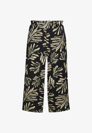 Plati kelnės su elastinga juosta, turinčios juodą foną ir grietinėlės bei mėtų žalios spalvos lapų raštą. Tekstūruota medžiaga.