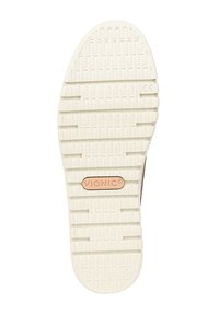 Witte rubberen schoenzool met een gepatternde textuur, voorzien van horizontale en verticale ribbels, en een bruine 'Vionic' logo op een rechthoekig accent.