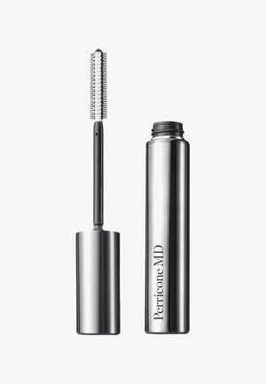 Metallic silver mascara tube with a black wand featuring a comb-like brush. The design is sleek, smooth, and modern.
