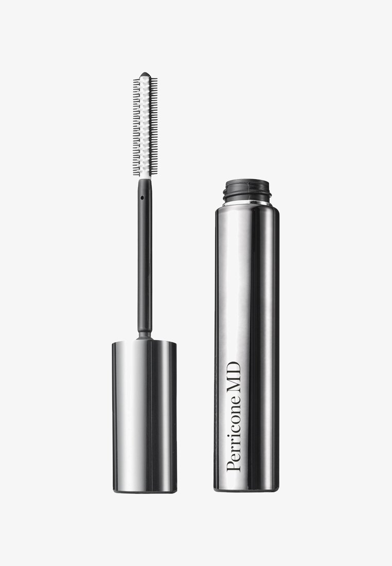Metallisch silberner Mascara-Tubus mit einem schwarzen Griff und einer kammähnlichen Bürste. Das Design ist elegant, glatt und modern.
