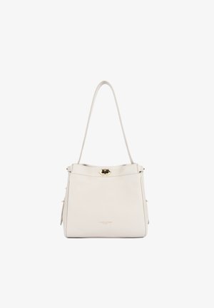 Sac à main en cuir blanc avec fermoir doré et une seule bandoulière, forme rectangulaire structurée, marque Lancaster Paris au centre de la base.