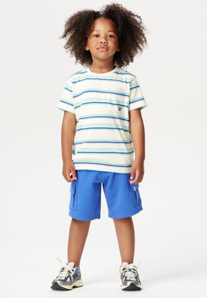Gestreept T-shirt voor kinderen in de kleuren groen, blauw en wit, gecombineerd met blauwe cargoshorts. Het shirt heeft een klein zakje.