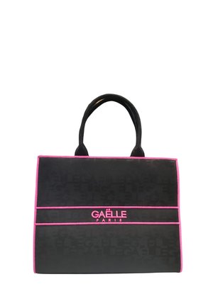 Borsa tote nera con dettagli e manici rosa. Presenta il logo in rilievo "GAËLLE PARIS" e cuciture a contrasto. Texture liscia.
