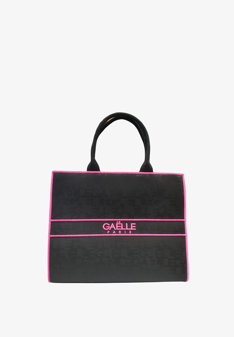 Borsa tote nera con dettagli e manici rosa. Presenta il logo in rilievo "GAËLLE PARIS" e cuciture a contrasto. Texture liscia.