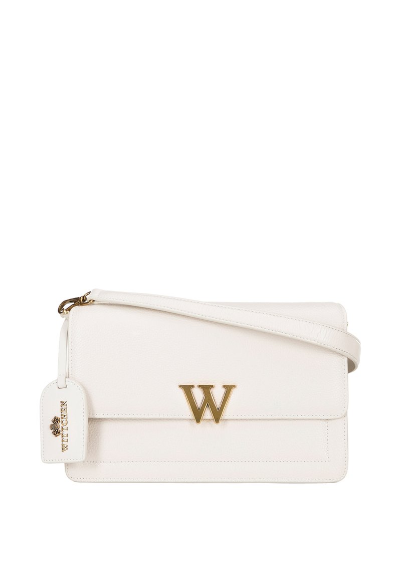 Borsa a mano in pelle bianca con un logo W dorato, forma rettangolare, tracolla regolabile e un'etichetta di marca con dettagli floreali.
