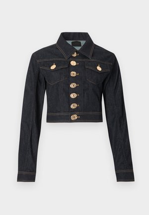 Temno modra skrajšana denim jakna z zlatimi okrasnimi gumbi, dvema prsnikoma z zaponkami, dolgimi rokavi in kontrastnimi šivi.