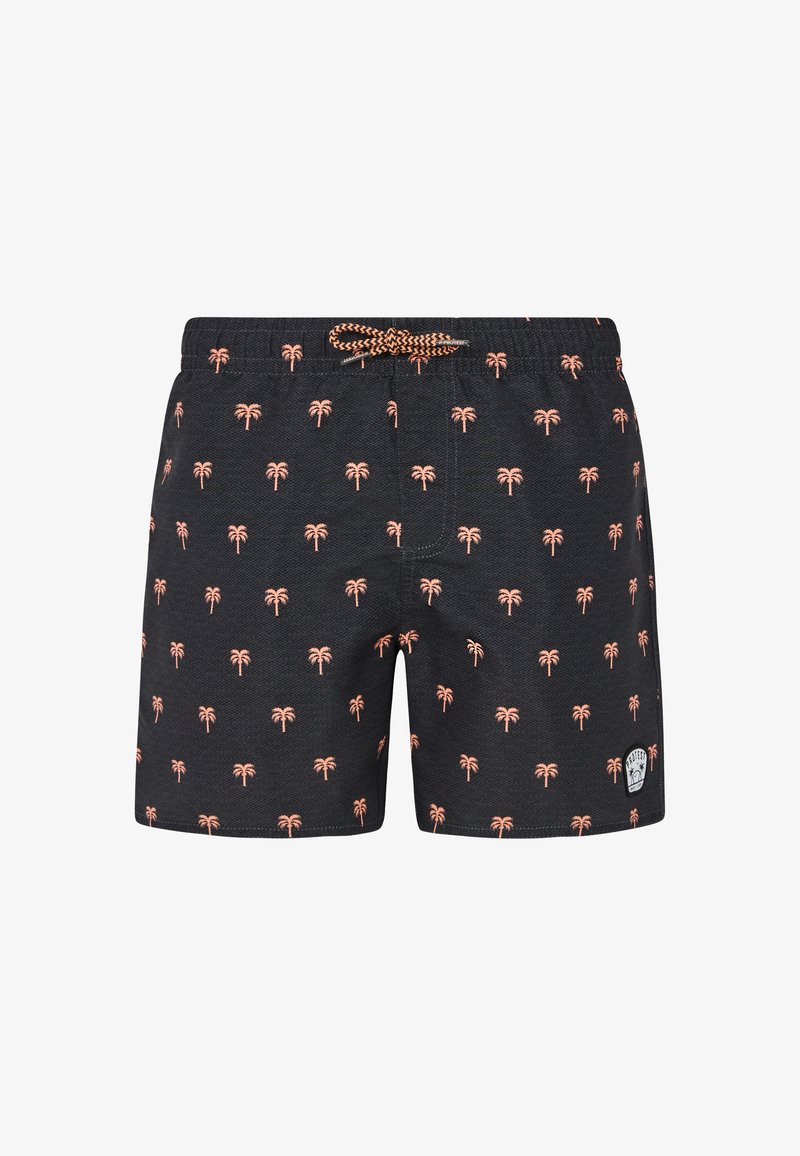 Juodi maudymosi šortai su mažais rožiniais palmėmis, elastinga juosta su raišteliu ir logotipo siuvinėjimu apatiniame dešiniajame kampe.