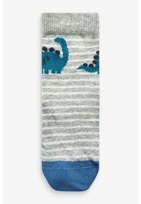 Calcetines de algodón con un patrón de rayas grises y motivos de dinosaurios en color teal. Acentos en el puño y los dedos en azul. Textura suave, diseño de longitud hasta el tobillo.
