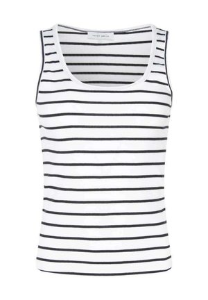 Débardeur blanc sans manches avec des rayures horizontales noires et un col rond.