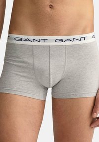 Gray cotton boxer briefs with a white waistband featuring "GANT" printed in navy. The fabric is smooth with a fitted design.