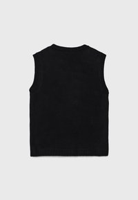 Gilet sans manches noir au toucher doux, avec un col et des ouvertures pour les bras côtelés, un design minimaliste et une couleur unie.