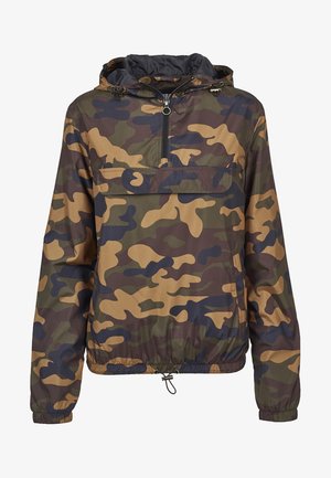 Camouflage regenjas met een half-rits ontwerp, voorzien van bruine, groene en zwarte patronen, verstelbare capuchon en elastische taille.