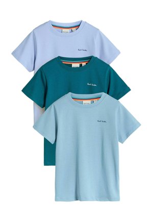 Set of three short-sleeve t-shirts in light blue, teal, and lavender. Made from soft cotton with a crew neck and small logo on chest.