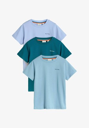 Set of three short-sleeve t-shirts in light blue, teal, and lavender. Made from soft cotton with a crew neck and small logo on chest.