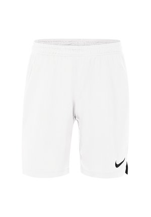 Weiße Sportshorts mit elastischem Bund und schwarzem Nike-Logo am linken Bein nahe dem Saum.
