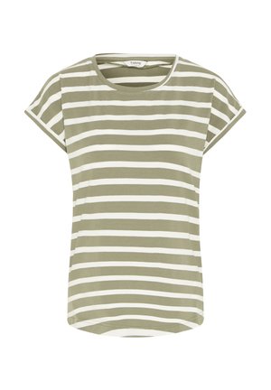 Oliivinvihreä t-paita, jossa on valkoiset vaakaraitaiset kuviot, lyhyet hihat, pyöreä kaulus ja hieman kaartuva helma. Valmistettu pehmeästä kankaasta.