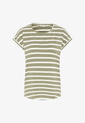Olijfgroene T-shirt met witte horizontale strepen, voorzien van korte mouwen, een ronde halslijn en een licht gebogen zoom. Gemaakt van zachte stof.