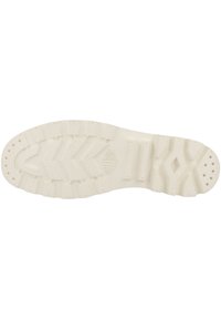 Valkoinen kuminen kengänpohja, jossa on teksturoitu pinta, joka sisältää siksak-kuvioita, ympyrä- ja suorakulma-aukoja sekä uria pitoa varten.