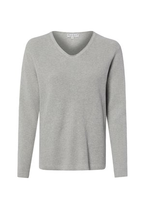 Pull en maille gris clair à manches longues avec col en V, design simple et une étiquette au niveau de l'encolure.